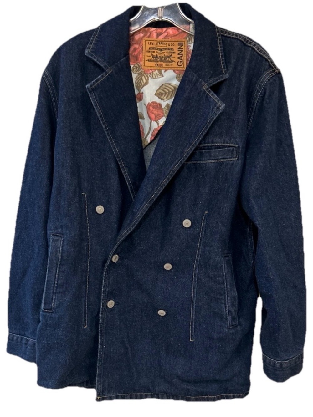 Levi's x GANNI Denim Peacoat Double Breasted Floral Lining Jacket Size M